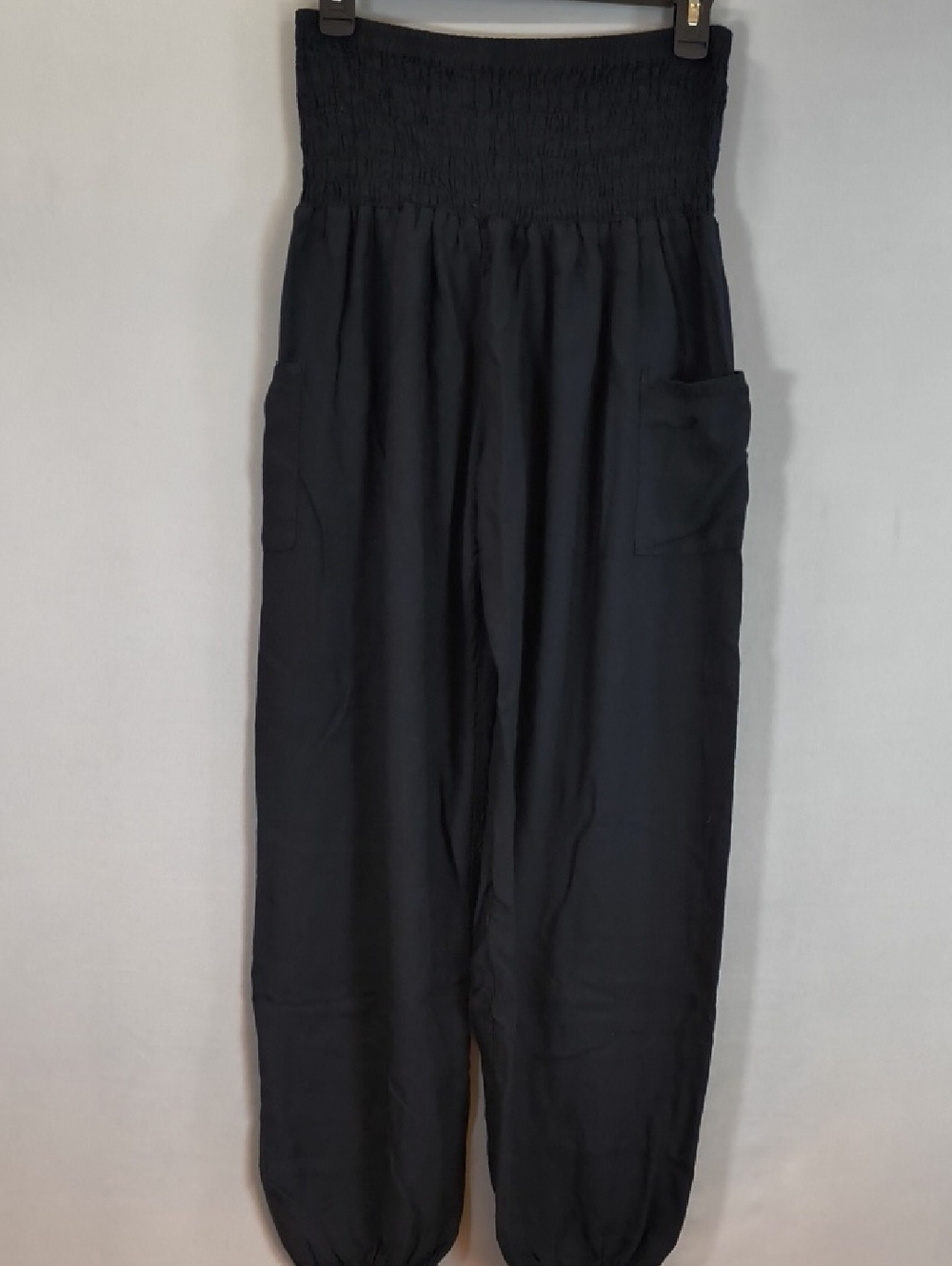 Boho Pants Women's black, high-waisted   smocked waistband  With pockets Size L